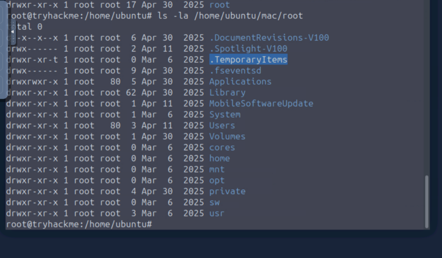 ls -la of mac/root showing macOS root directory contents